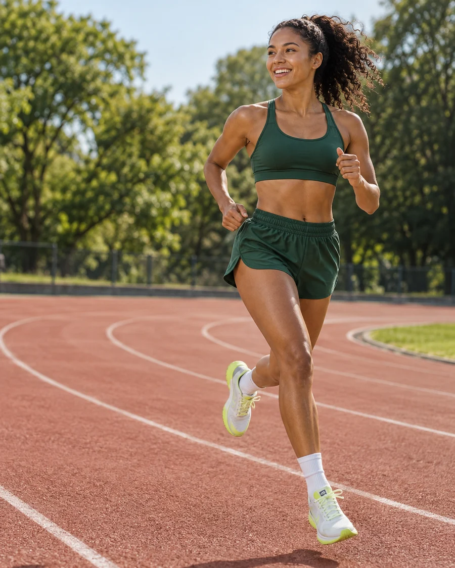 Runner wearing a green Mova set on an outdoor running track